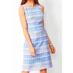 NWT Talbots Women’s Blue Striped Dress 10 Tweed Shift Sleeveless Lined Pockets